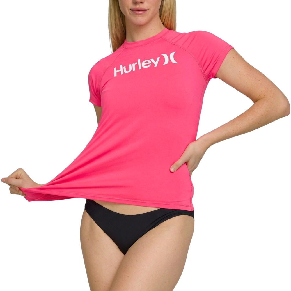 NWT Hurley Womens Short Sleeve Rash Guard UPF 50+ Pink Logo Swim Top Small